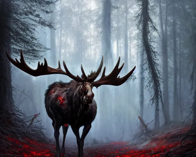 Image similar to 5 5 mm portrait photo of an armored demonic undead rotting moose with red eyes antlers and looking at the camera, in a magical forest. magical atmosphere. art by greg rutkowski and luis royo. highly detailed 8 k. intricate. lifelike. soft light. nikon d 8 5 0.