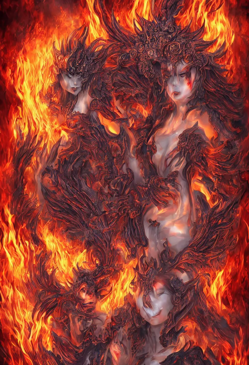 Prompt: stunning female demons surrounded in fire, korean, buddhist, naraka otherworldly rising from the blue fire, crystal amber eyes, wings, very detailed face, smile, monster teeth covered in red, dark and mysterious, full body, rococo, cinematic, epic, very detailed, full body, sun god, death god, hell