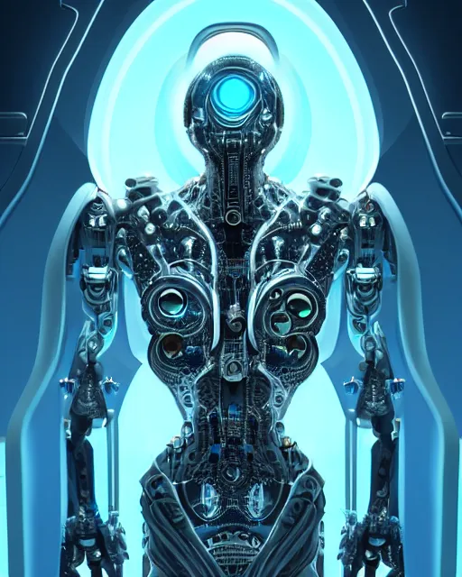 Image similar to benevolent cyborg necromancer, scifi, futuristic, helpful, kind, intelligent, alien room background, white, blue, gold, highly detailed, trending on artstation, soft light, holy machine, advanced technology, art by vitaly bulgarov and nivanh chanthara and lance wilkinson