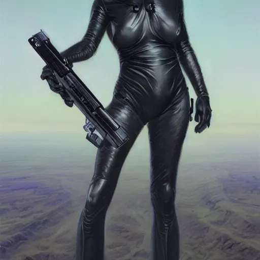 Image similar to pleiadian woman with big eyes and long silver hair wearing a dark body suit and holding a plasma gun as a realistic sci fi character, portrait art by donato giancola and greg rutkowski, digital art, trending on artstation, standing in a barren field, full body, long silver hair