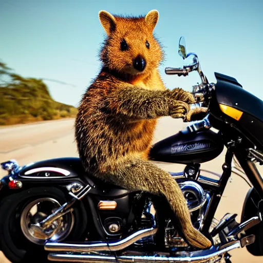 Image similar to a quokka riding a Harley Davidson motorbike. Award winning photography. HD. 8K