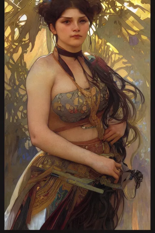 Image similar to portrait of a beautiful chonky young female warrior in the middle of a fight as drawn by by loish, alphonse mucha, thomas moran, mandy jurgens, fashion photography 8 k subsurface scattering, soft light