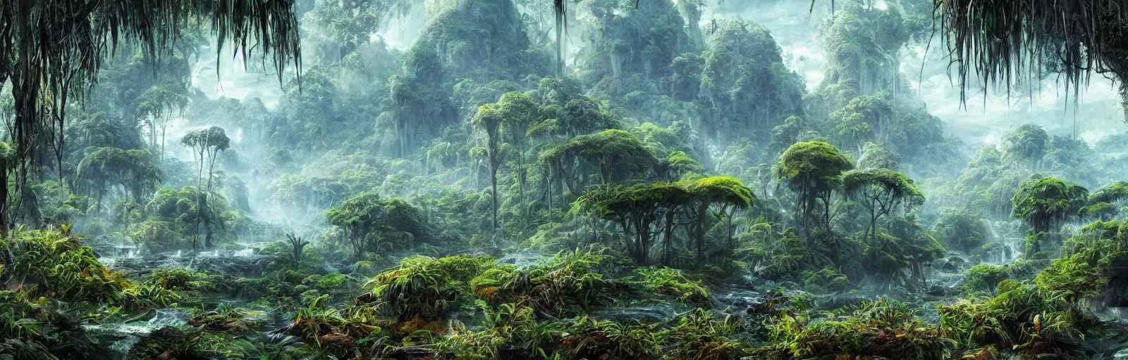 Prompt: painting of a jungle frozen over!! scene on an alien planet by vincent bons. ultra sharp high quality digital render. detailed. beautiful landscape. weird vegetation. water.