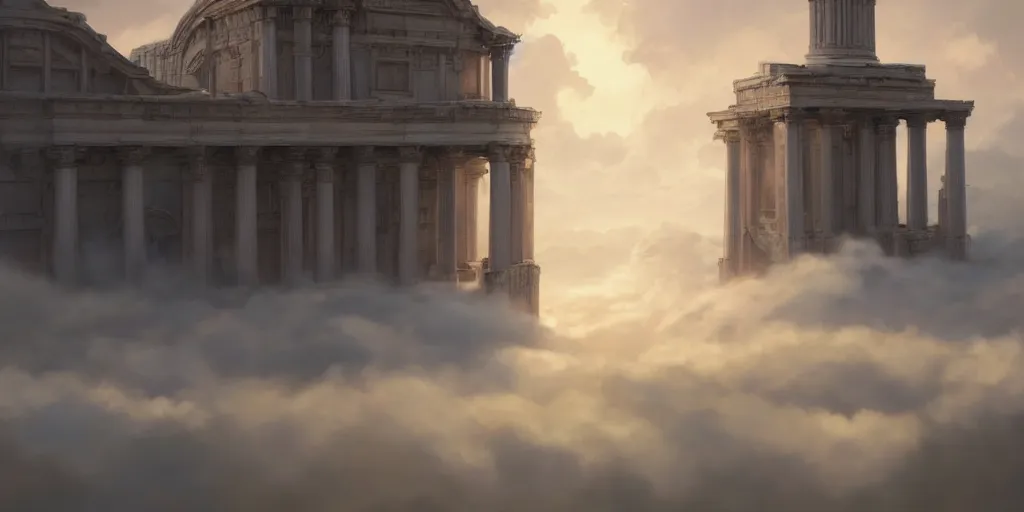 Prompt: beautiful digital illustration of classical roman temple in a sea of clouds by Andreas Rocha, fluffy pastel clouds, establishing shot, cinematic, architecture, concept art, deviantArt, artsation, artstation HQ, HD, 16k resolution, smooth, sharp detail, amazing depth, octane, finalRender, Unreal Engine