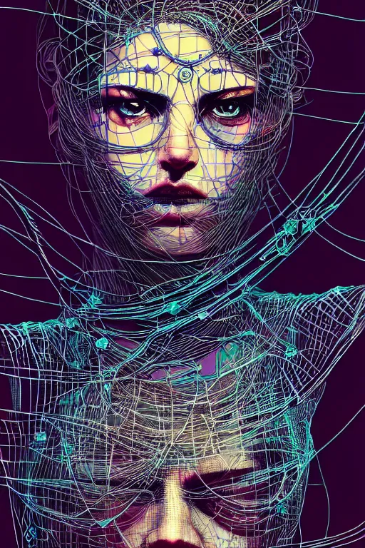 Image similar to dreamy cyberpunk girl, abstract wire clothes, digital nodes, beautiful woman, detailed acrylic, grunge, intricate complexity, by dan mumford and by katsuya terada, peter lindbergh