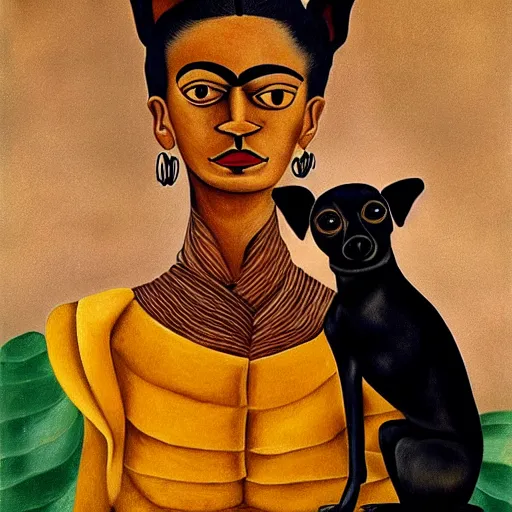 Image similar to a woman and her black and brown chihuahua by frida kahlo