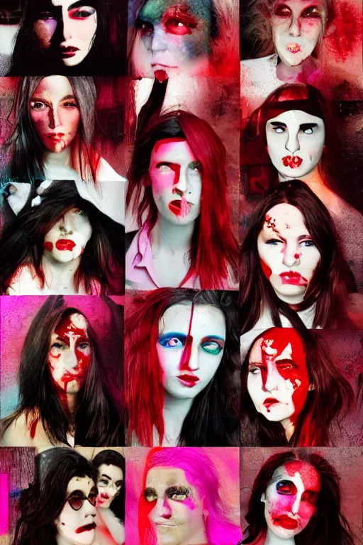 Image similar to glitched mix of endless female faces and red paint in style of neo-dada