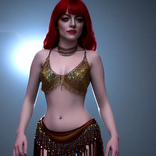 Image similar to a photorealistic portrait of actress emma stone dressed as a belly dancer, arabian night, volumetric lightening, octane render, high quality, fully detailed, 4 k, in focus sharp face with fine details, five human fingers, well structured hands, inspired by belly dancer on youtube, alphonse mucha, masterpiece, stunning