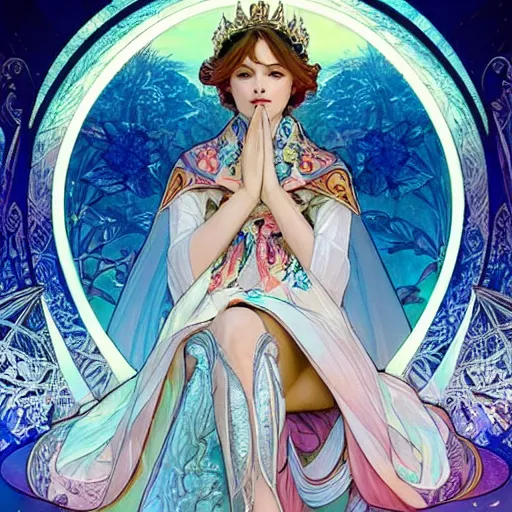 Prompt: A beautiful ice princess sitting on her throne, very colourful, highly detailed, artstation, intricate, smooth, sharp focus, bright, happy, illustration, art by Artgerm and Greg Rutkowski and Alphonse Mucha and Yuumei, good clear quality, lighting, biology, symmetrical artwork, perfect face, 135 mm, cinematic, hyper realism, glittering ice, dark, moonlight, high detail, octane render, 8k, crimson highlights