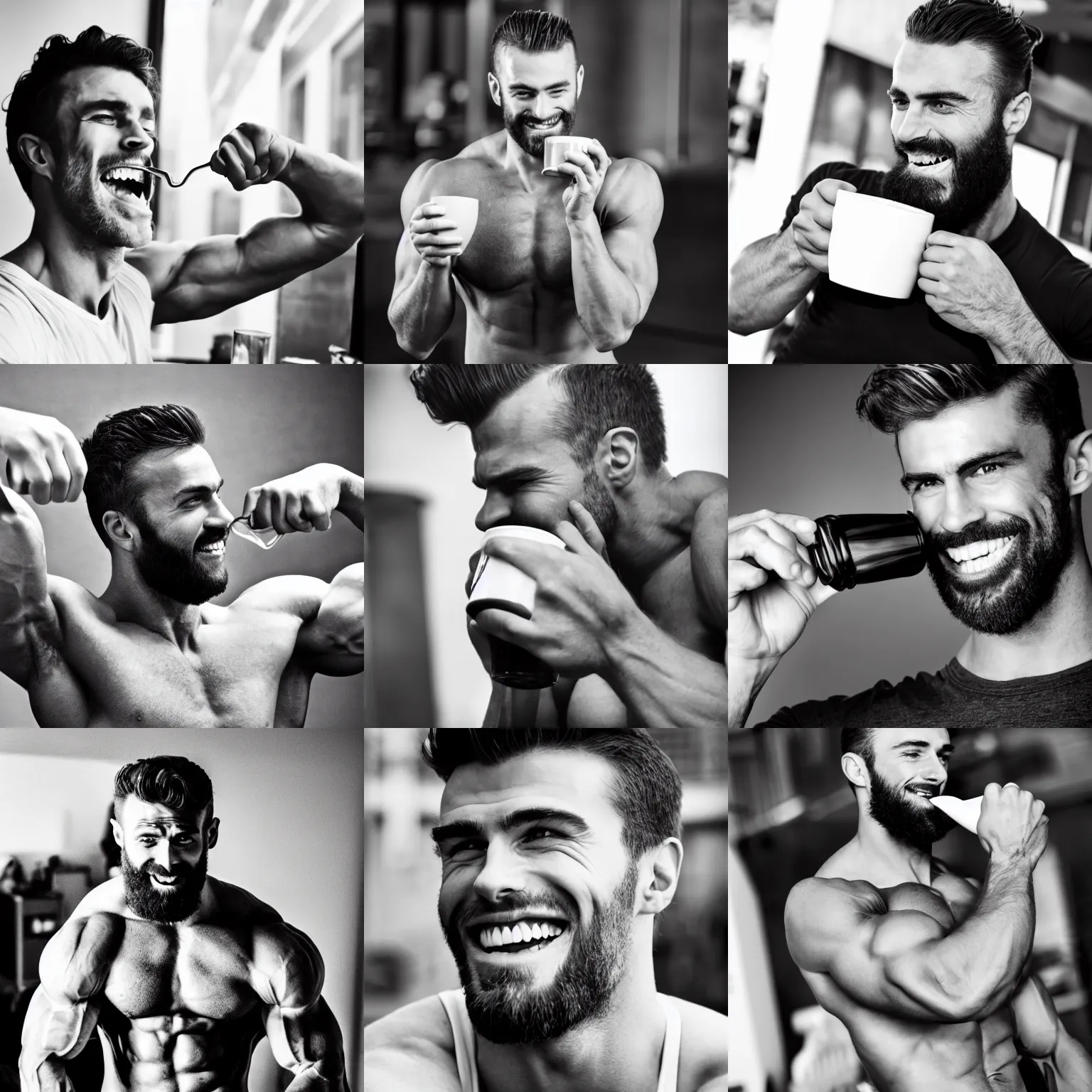 Prompt: stock photo of gigachad drinking coffee, muscular, strongest jawline in history, black and white, most beautiful smile award winner for five consecutive years