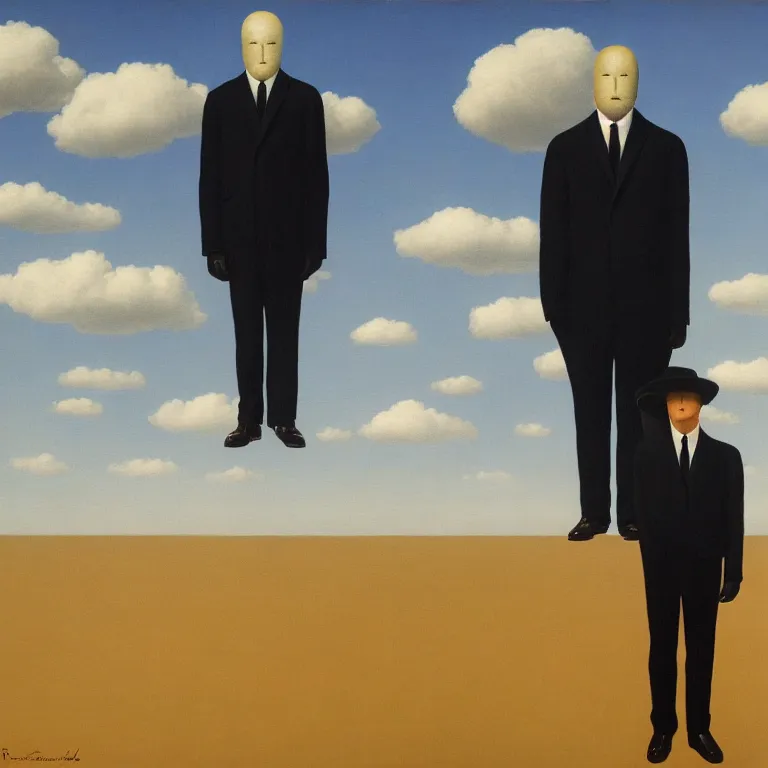 Image similar to portrait of a faceless shadow - head man in a suit, clouds in the background, by rene magritte, detailed painting, distance, middle centered, hd, hq, high resolution, high detail, 4 k, 8 k