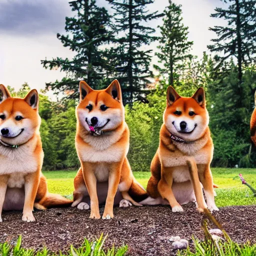 Image similar to A group of Shiba Inus in levander field, 8k UHD, Nature photography, high detail, High quality, stunning lighting, beautiful lighting,