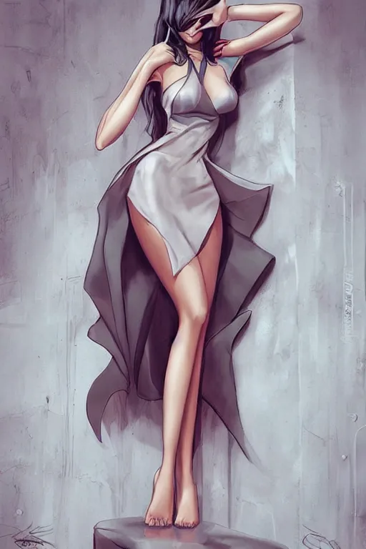 Image similar to Seductive and alluring bodycon dress in low skirt, by artgerm, WLOP and Ross Tran