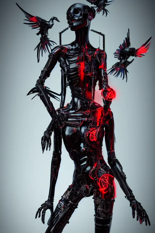 Image similar to full-body cyberpunk style sculpture of a young beautiful dark priestess, half android with a head opening exposing circuitry, glowing red eyes, black roses, flowing blood-red colored silk fabric, candles. baroque elements, human skull. full-length view. baroque element. intricate artwork by caravaggio. crows flying in background. Trending on artstation, octane render, cinematic lighting from the right, hyper realism, octane render, 8k, depth of field, 3D