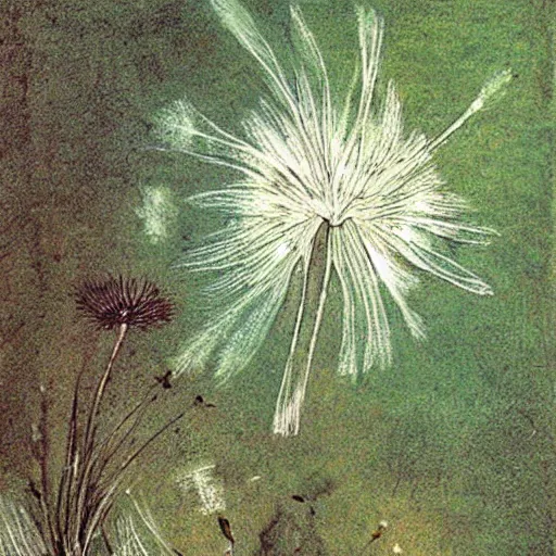 Prompt: a beautiful fairytale painting of a dandelion seed that looks like a fairy. beautiful clear painting by arthur rackham