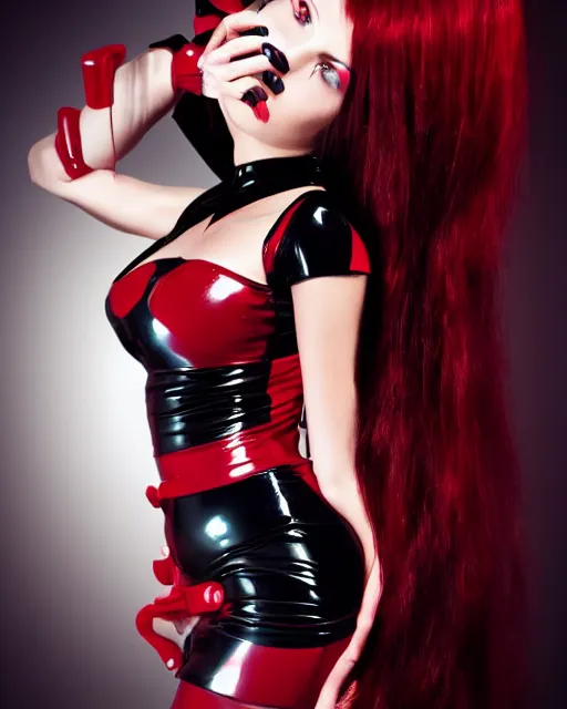 Image similar to Digital painting of a female model posing in a black latex dress, gothic, short red hair, black and red tones, dramatic background