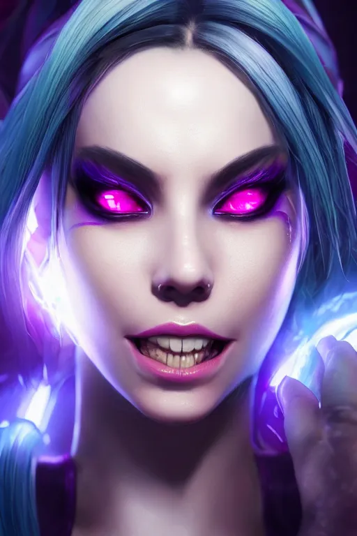 Image similar to ultra realistic facial portrait of jinx from league of legends, digital art, character portrait, highly detailed, trending on artstation, lens flare, atmosphere, hyper realistic, cinematic lightning, sharp focus, unreal engine 5, extreme details perfect face, pretty face, fine - face, illustration, 8 k, ultra texture, masterpiece