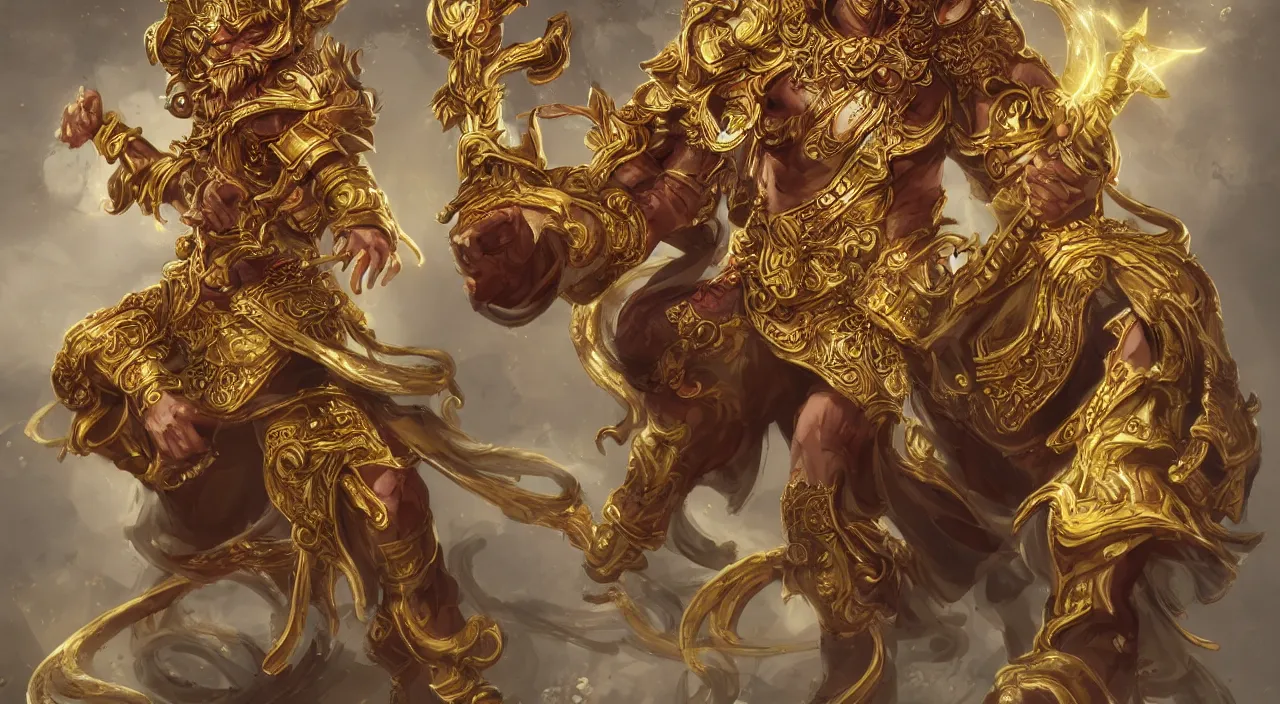 Image similar to concept art of monkey king in ornate golden armo, artstation