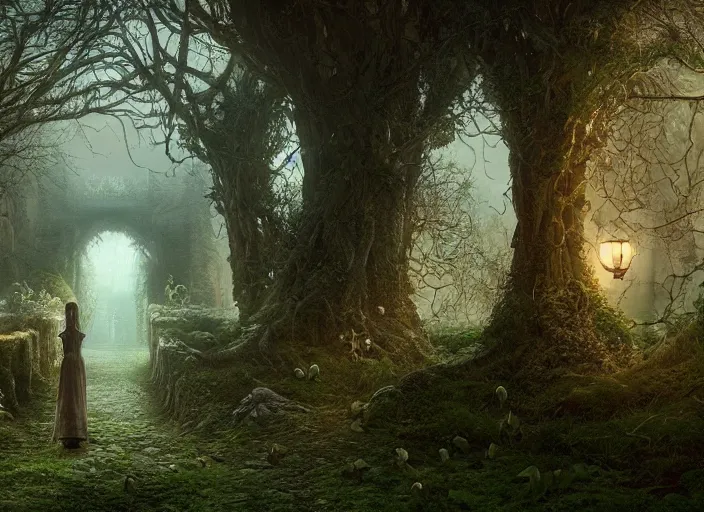 Prompt: secret garden, in the style of pan's labyrinth movie, pathway, deep dwell, spooky, dark, concept art, unreal engine 5, matte painting, artstation, caspar friedrich, wlop