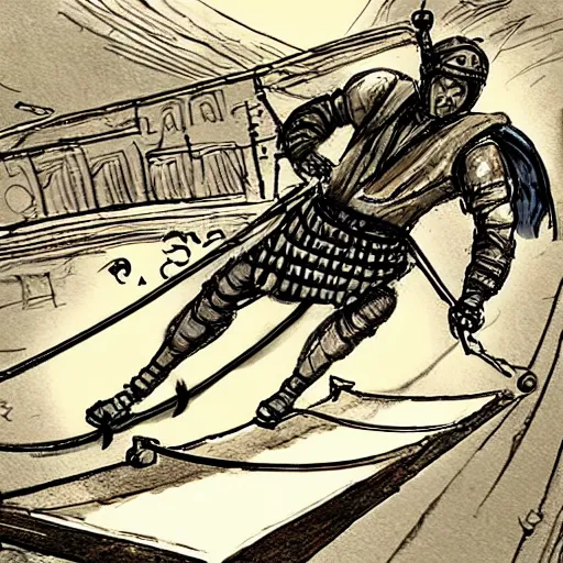 Image similar to roman chariot racer drawn by horse jumping a half pipe, intense, fish lense, style of Tony Hawk pro skater