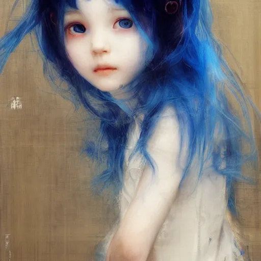 Prompt: little girl with blue hair. By Ruan Jia. Ayami Kojima. Masterpiece