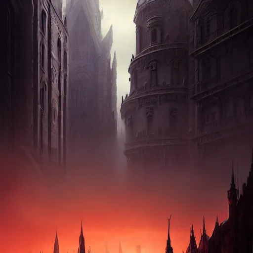Image similar to beautiful fantasy city made from black stone and red iron, medieval city, metropolis, dark gorgeous clouds, black marble, lava, digital art, landscape, fantasy art, octane render, unreal engine, high detail, very realistic, horror, thick red fog, by greg rutkowski. by james gurney