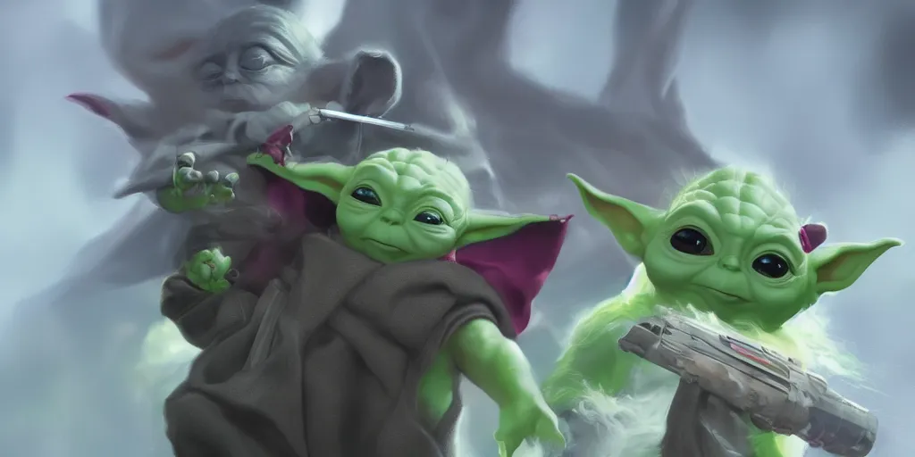 Image similar to Baby Yoda is fighting Thanos, hyperdetailed, artstation, cgsociety, 8k