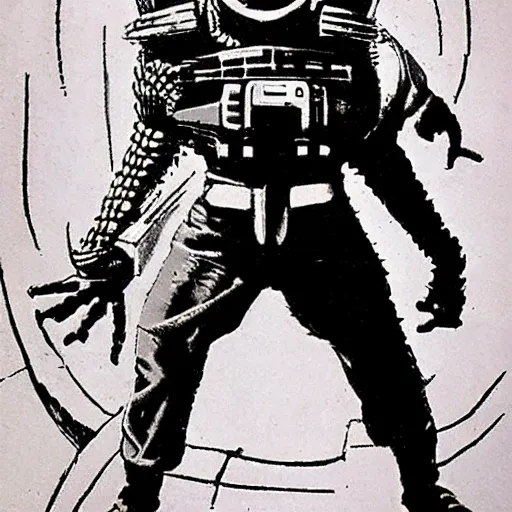 Prompt: mf doom by edmund emshwiller, action pose