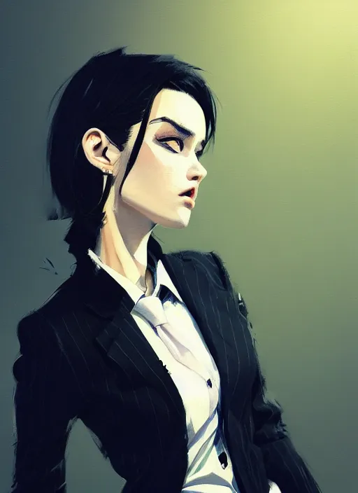 Image similar to a ultradetailed beautiful panting of a stylish woman wearing a shirt with a tie, she has black hair, distressed, background explosion, by ashley wood, ilya kuvshinov, greg rutkowski on artstation