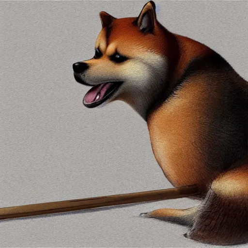 Prompt: hyper realistic shiba inu, sitting, with a baseball bat, concept art, trending on art station