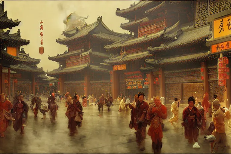 Image similar to tang dynasty city, painting by gaston bussiere, craig mullins, j. c. leyendecker, tom of finland