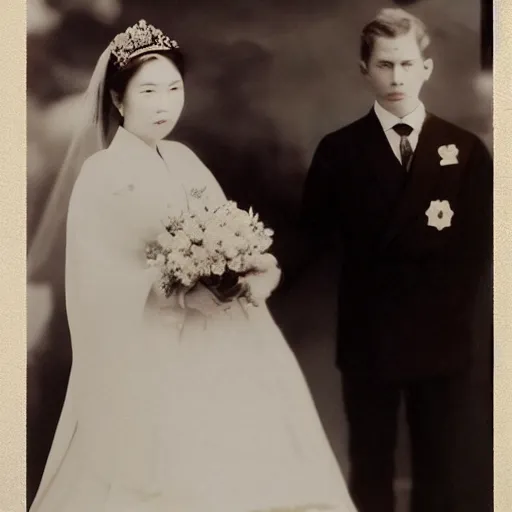 Prompt: An extreme closeup shot, colored black and white Russian and Japanese mix historical fantasy photographic portrait of a Royal wedding of the empress and emperor Holding holding hands throughout the ceremony, golden hour, warm lighting, 1907 photo from the official wedding photographer for the royal wedding.