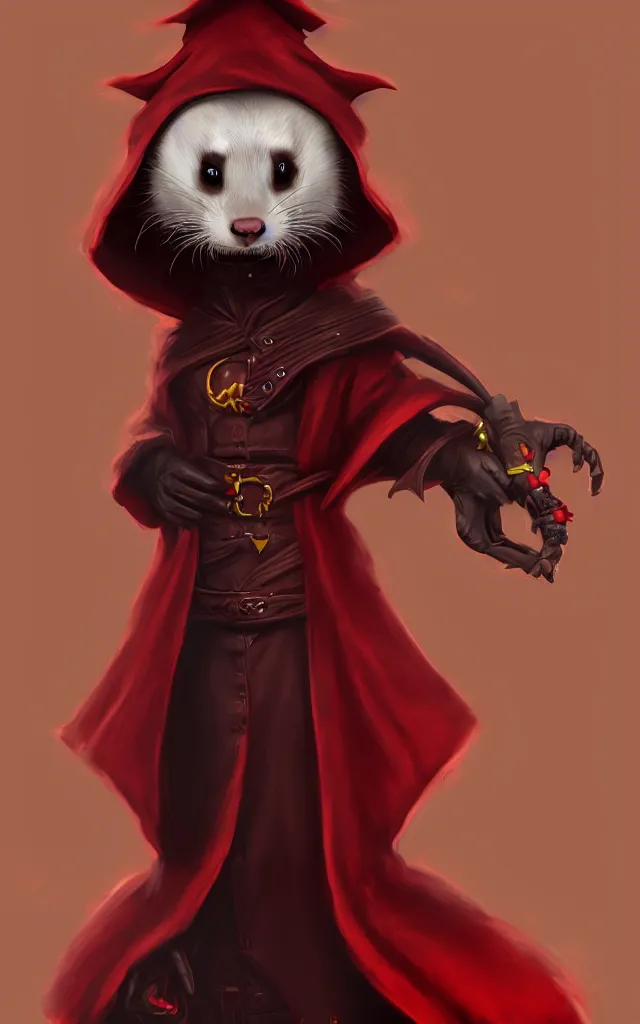 Image similar to a anthropomorphic ferret is a dark warlock dressed red robes, he's very menacing and evil, hyperdetailed, artstation, cgsociety, 8 k