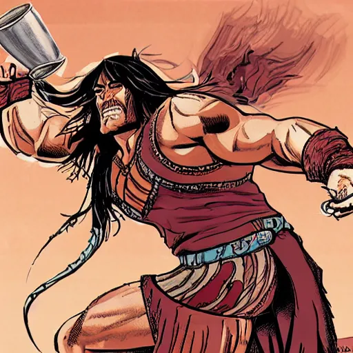 Prompt: a detailed illustration of conan the barbarian working as a barista marvel comics art style