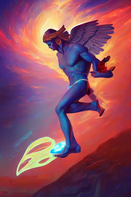 Image similar to highly detailed, dynamic pose, the handsome greek god hermes, wearing winged helmet, giving a glowing laptop computer to humanity, clouds of glowing binary code, digital painting bioluminance alena aenami artworks in 4 k design by lois van baarle by sung choi by john kirby artgerm style pascal blanche and magali villeneuve