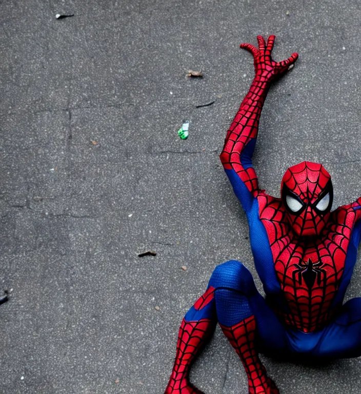 Image similar to cinematic still of spiderman homeless