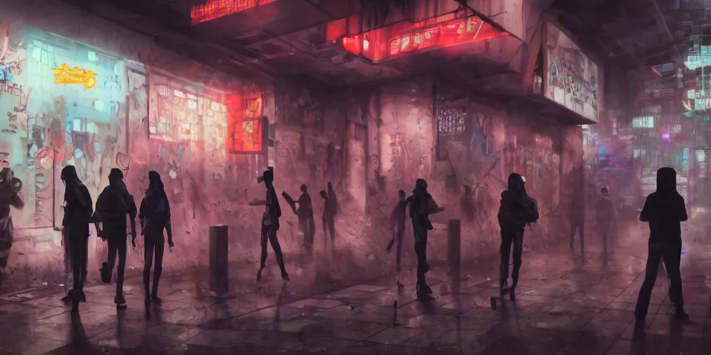 Image similar to teenagers with tech clothing and hoods and futuristic gas masks painting graffitis about chess pawns on the walls of a dystopian city, neon lights, sci - fi, night lights, rain and haze, concept art, intricate, photorealistic, in the style of katsuhiro otomo, akira, octane render, rtx, hdr, unreal engine