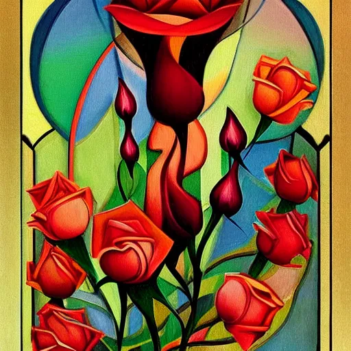 Image similar to an art deco painting of a rose, by joseph stella, behance contest winner, crystal cubism, digital illustration