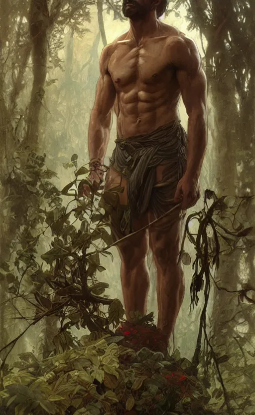 Image similar to god of the forest, 3 0 years old, rugged, handsome, male, detailed face, clean lines, atmospheric lighting, amazing, full body, thighs, flowers, muscular, intricate, highly detailed, digital painting, deviantart, concept art, sharp focus, illustration, art by greg rutkowski and alphonse mucha