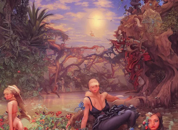 Prompt: beautiful painting of a hot summer paradise, by Gerald Brom, James Jean, Krenz Cushart, Yuumei, Death Burger. trending on Artstation, 8k, masterpiece, graffiti paint, fine detail, full of color, intricate detail, golden ratio illustration