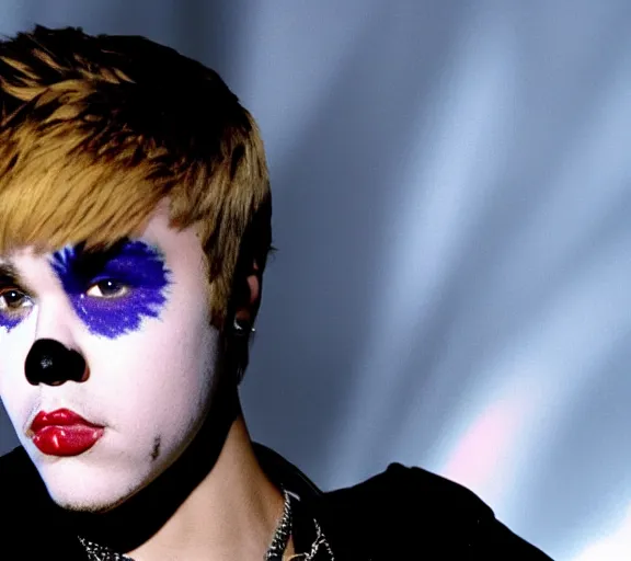 Image similar to color still shot of justin bieber lead singer performing in music group insane clown posse, face closeup