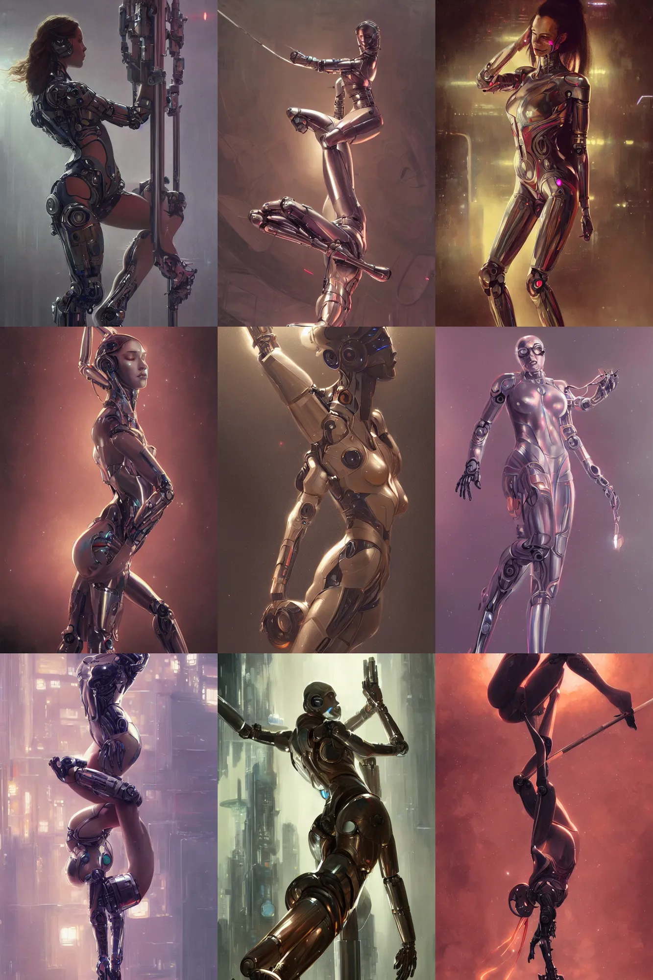 Prompt: Ultra realistic, robot woman pole dance, cyberpunk, sci-fi, fantasy, intricate, elegant, highly detailed, digital painting, artstation, concept art, smooth, sharp focus, illustration, art by artgerm and greg rutkowski and alphonse mucha