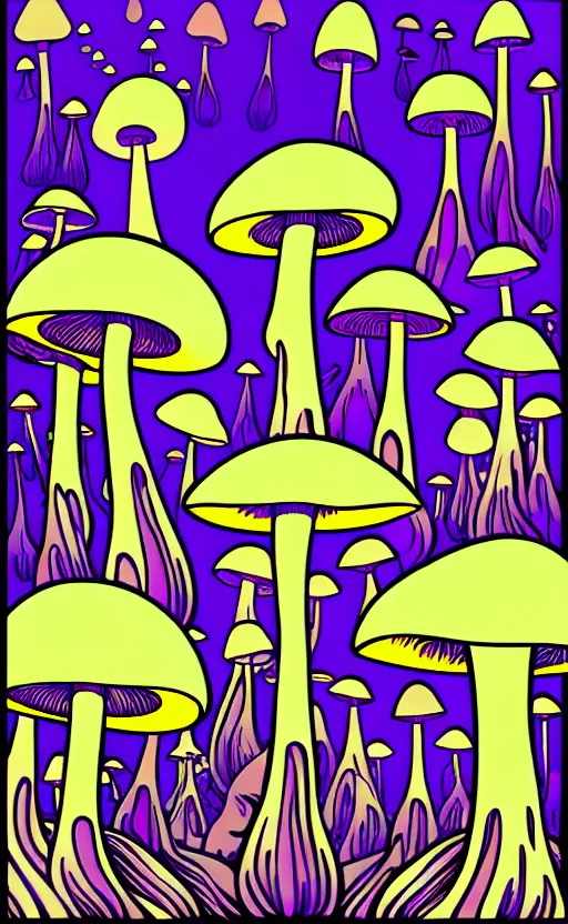 Image similar to psychedelic mushrooms wide angle shot, white background, vector art, illustration by frank frazetta