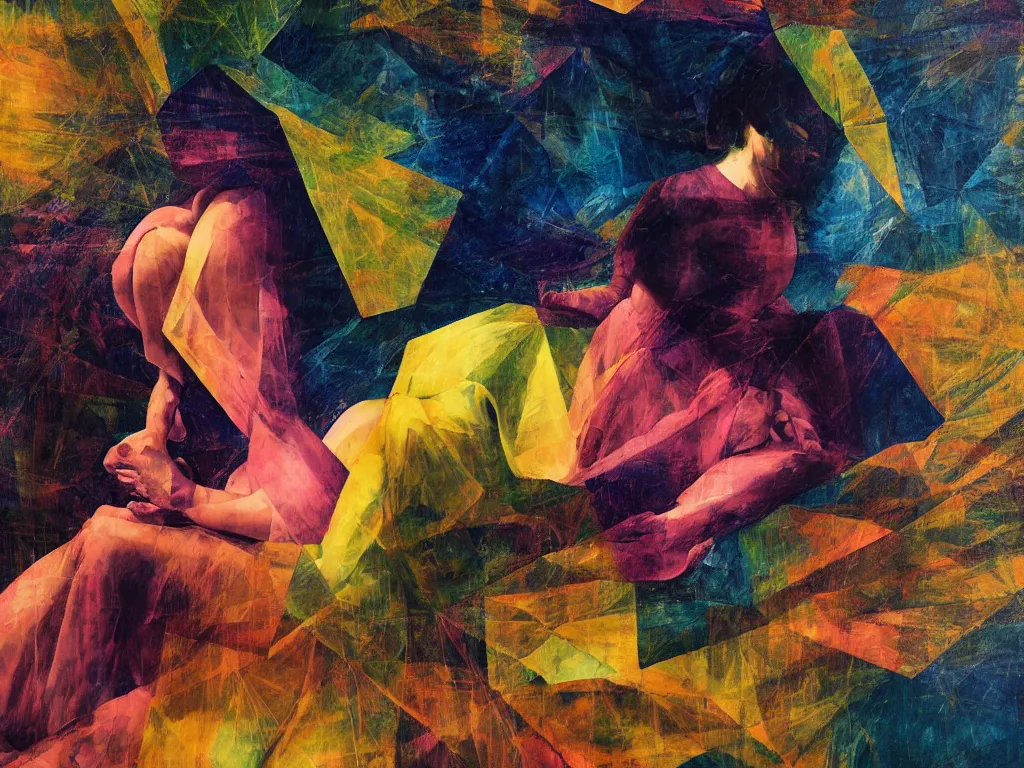 Image similar to hyperrealistic crystalline abstract still life painting of a 3d female monk meditating sitting down wrapped in fabric and gently smiling, surrounded by prisms in a tesseract, by Caravaggio, botanical print, surrealism, vivid colors, serene, golden ratio, minimalism, negative space