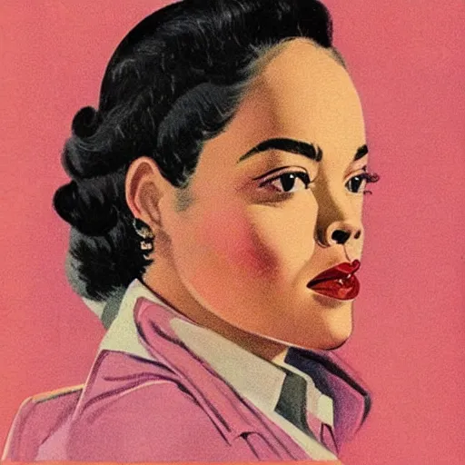 Image similar to “Tessa Thompson portrait, color vintage magazine illustration 1950”