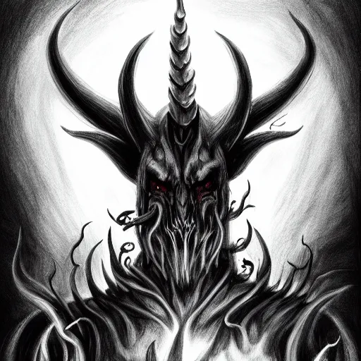 Image similar to full body grayscale drawing by Anato Finnstark of horned demon in heroic pose, swirling flames