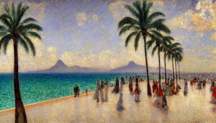 Image similar to a ultradetailed beautiful painting of the thunderstorm sky of the rio de janeiro palace balustrade designed by jules bastien - lepage, tarsila do amaral, frank weston and gustave baumann, beach, trending on artstation, mediterranean, palm trees, sharp focus, colorful refracted sparkles and lines, soft light, 8 k 4 k