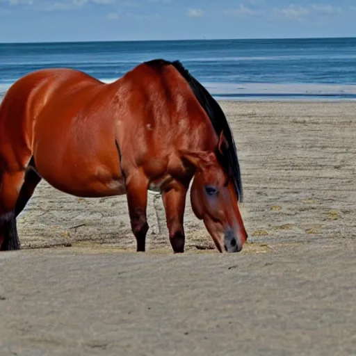 Prompt: horse eating lasagna on a beach