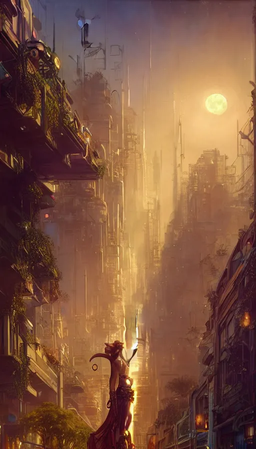 Image similar to golden goddess looking at a hyper realistic cyberpunk city, crowded market street overtaken by lush plants, kittens, full moon, light rays, gnarly trees by tom bagshaw, mucha, gaston bussiere, craig mullins, j. c. leyendecker 8 k