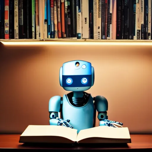 Image similar to a robot reading a book sitting in a desk chair and on the table a desk lamp turned on, in the background many books